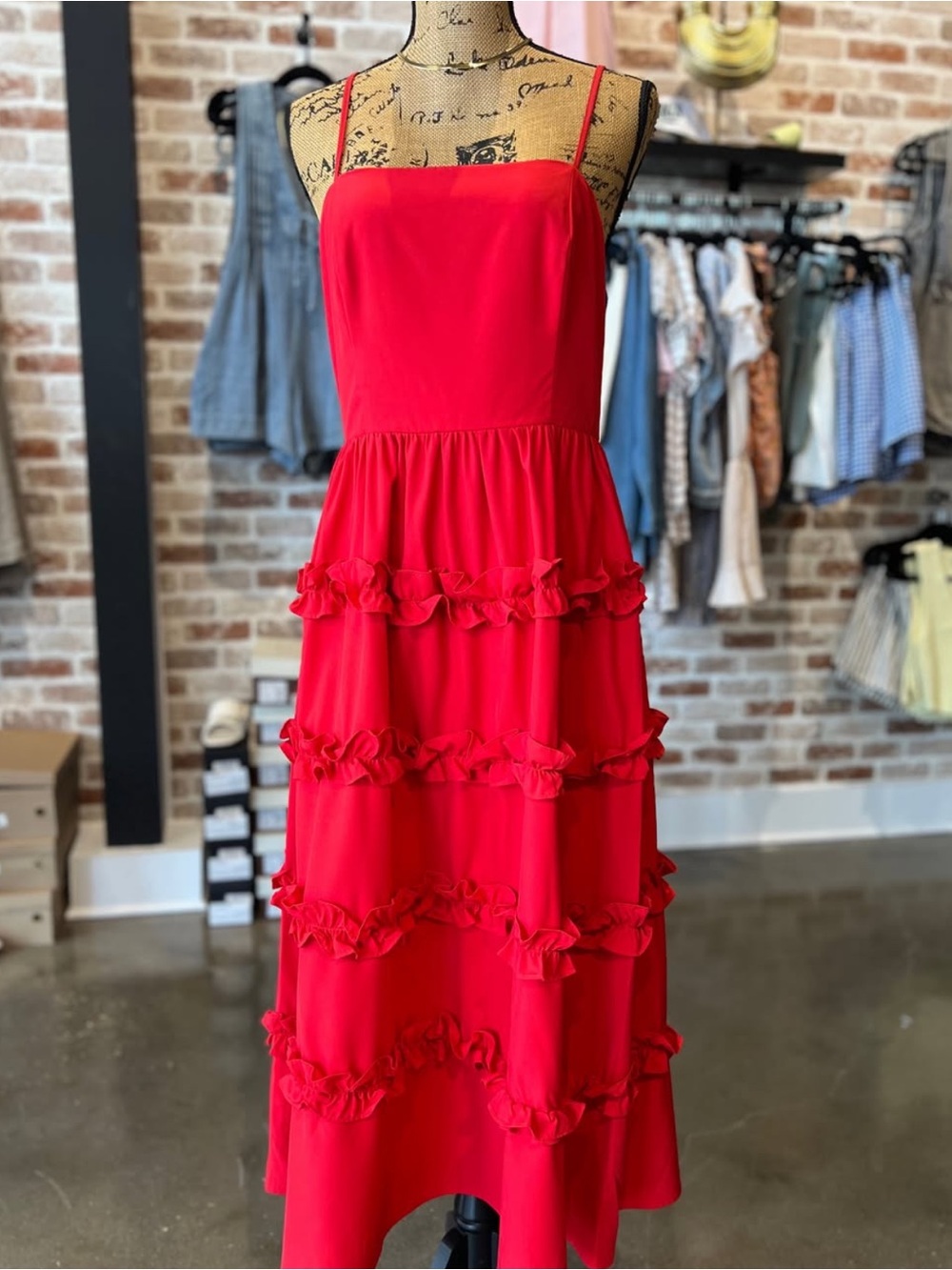 Red Tiered Ruffle Midi Dress - Women